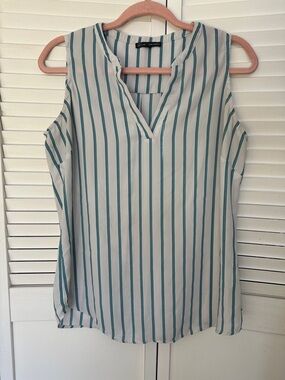 Adrianna Papell White Tank with Teal Vertical Stripes